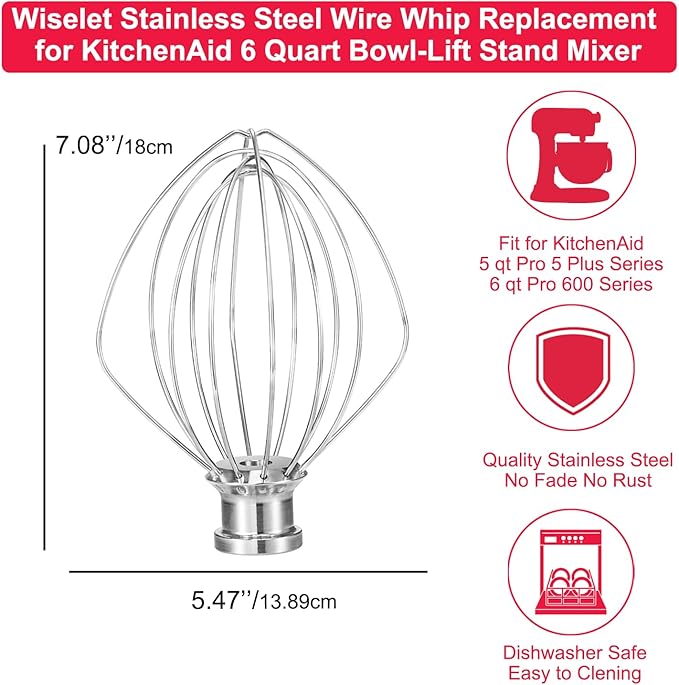KN256 Stainless Steel Whisk for KitchenAid 6 Qt Bowl-Lift Stand Mixer, 6-Wire Whip Compatible with KV25, KP25, KP26, KL26, KD26, KP26, Heavy Duty 18/8 Stainless Steel, Dishwasher Safe, No Residue