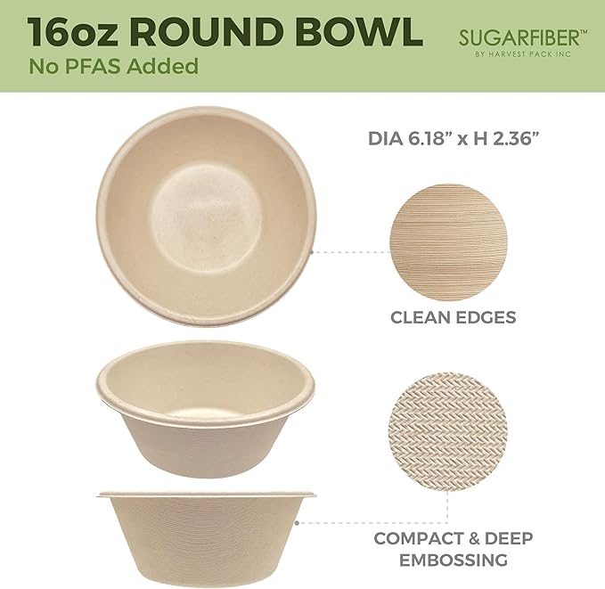[125 Count]Harvest Pack Compostable Paper Bowls, 16oz PFAS FREE Round Biodegradable Bowl, Heavy-Duty Eco-Friendly Disposable, Sugarcane Bagasse Natural plant fibers Takeout, Alternative to Plastic