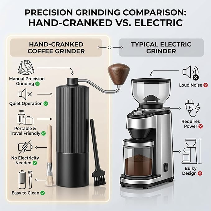 Manual Coffee Grinder with 420 Stainless Steel Burr, Adjustable Settings for Espresso & Turkish Coffee, Portable Hand Crank Coffee Grinder, 45g Capacity, Aluminum Body with Walnut Handle for Multi Use