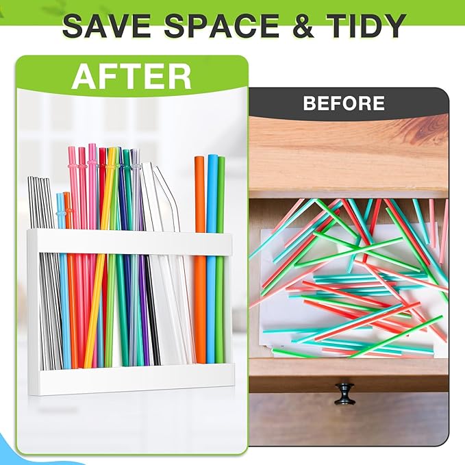 Qinyoung Acrylic Straw Holder for Cabinet Door with Double Sided Adhesive Tape Reusable Straw Organizer Tumbler Storage Kitchen Accessories Container for Counter Cupboard(Classic,Large,White)