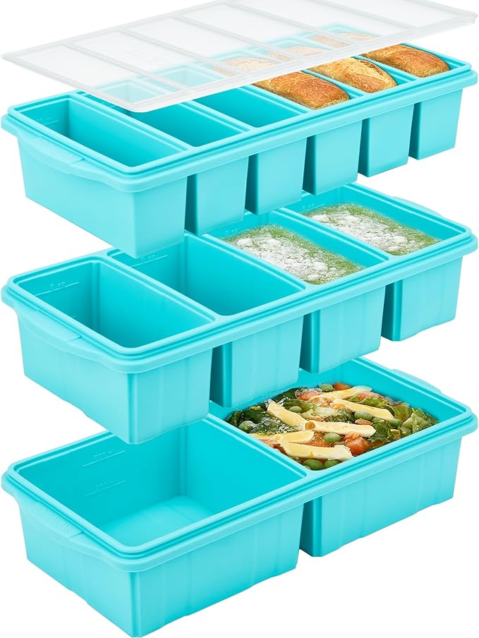 Silicone Freezer Tray With Lid - Soup Freezer Container Molds Set Makes 2-Cup & 1-Cup 1/2-cup Portions Cubes Perfect for preparing meals in different Portion Sizes Oven & Dishwasher-Safe
