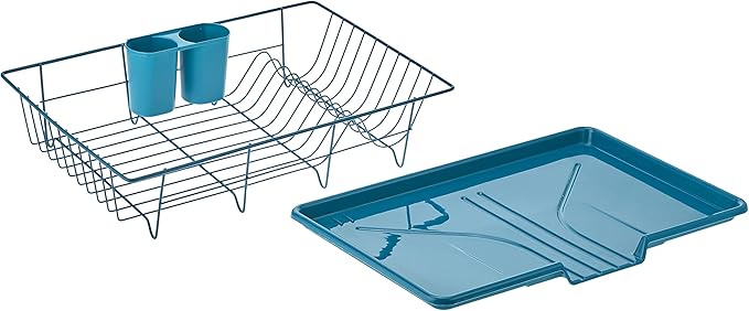 Sweet Home Collection 3 Piece Dish Drainer Rack Set with Drying Board and Utensil Holder, 12" x 19" x 5", Teal(Pack of 1)