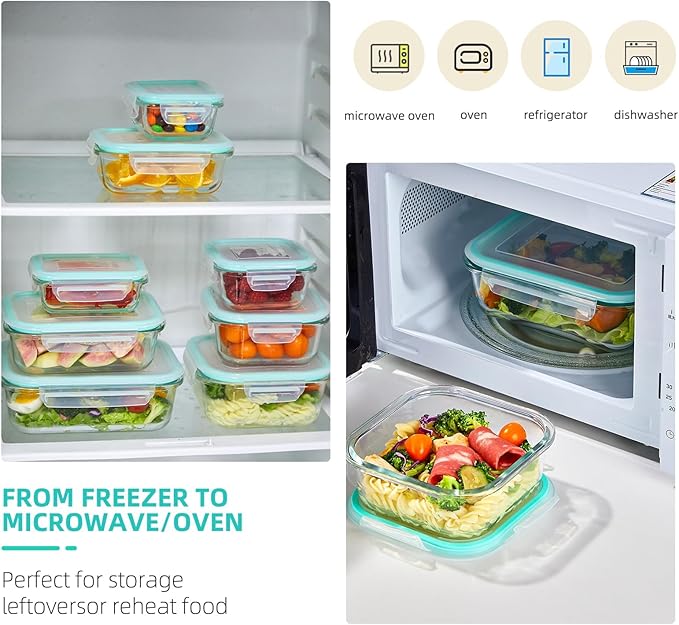 Liuruiyu 8 Pack Glass Food Storage Containers with Lids, Meal Prep Containers, Airtight Bento Boxes with Leak Proof Locking for Microwave, Oven, Freezer and Dishwasher, BPA Free（5oz to 36oz）