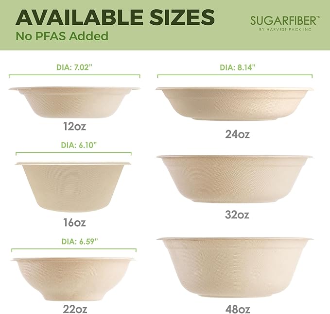 [125 Count]Harvest Pack Compostable Paper Bowls, 16oz PFAS FREE Round Biodegradable Bowl, Heavy-Duty Eco-Friendly Disposable, Sugarcane Bagasse Natural plant fibers Takeout, Alternative to Plastic