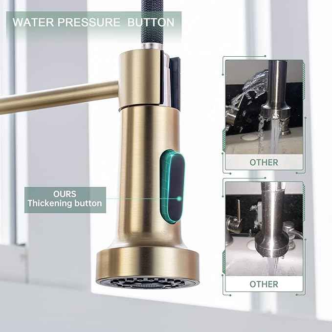 WEWE Brushed Gold Kitchen Faucet with Pull Down Sprayer, RV Brass Kitchen Faucet Stainless Steel Single Handle Spring Faucet with Deck Plate for Farmhouse Utility bar Laundry Sinks