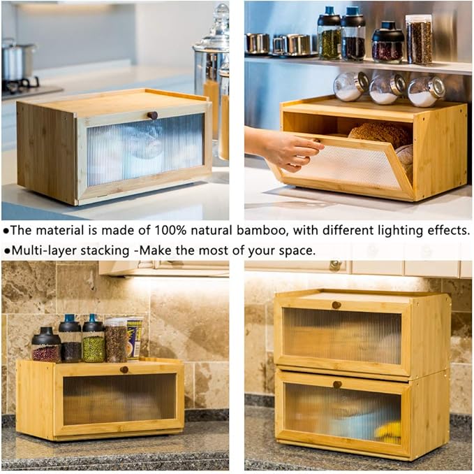 ETMI Bamboo Bread Box for Kitchen Counter-Large Capacity Bread Storage Container Farmhouse Bread Box with Window Bread Holder