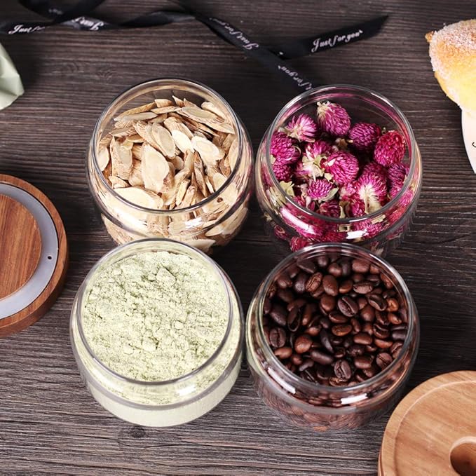 Tzerotone 8 Pcs Spice Containers - 8.5oz Glass Spice Jars With Acacia Airtight Lid and Labels - Stackable Empty Round Spice Bottles for kitchen Seasoning, coffee bean, tea, suger, herbs