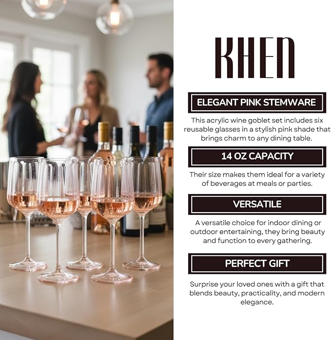 Khen Acrylic Lucia Stemmed Goblets - Unbreakable Wine Glasses Reusable Drinking Cups Dishwasher Safe Elegant Stemware for Cocktail Champagne | Kitchen Bar Party | Set of 6 |14oz | Pink