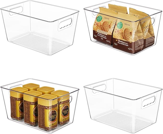 YIHONG Clear Plastic Storage Organizer Bins, 4 Pack Pantry Food Storage Bins with Handle for Kitchen,Refrigerator, Freezer,Cabinet Organization and Storage