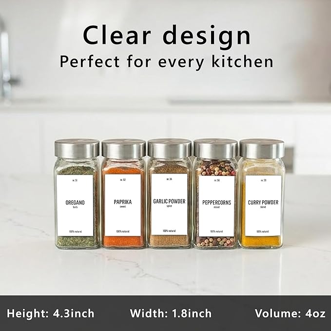 Deco haus Glass Spice Jars with Label 36x4oz [WHITE LABELS incl] Spice Containers with Labels, Shaker Lids & Funnel - Empty Herb Seasoning Containers, Small Seasoning Bottles for Herb with Lid