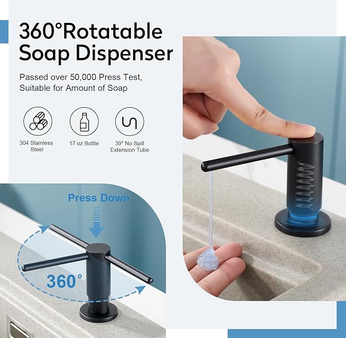 Kitchen Sink Soap Dispenser with 17 OZ Bottle and 40" Extension Tube Kit, Stainless Steel Built-in Soap Dispenser for Kitchen Sink or Countertop, in or Under Sink Installation, Matte Black