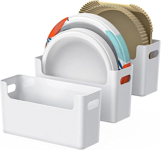 3Pcs Paper Plate Dispenser for 6-9.5 Inch Disposable Plates, Space-Saving Plastic, Foam and Paper Plate Storage Organizer for Cabinet, Countertop, RV or Outdoor (White)