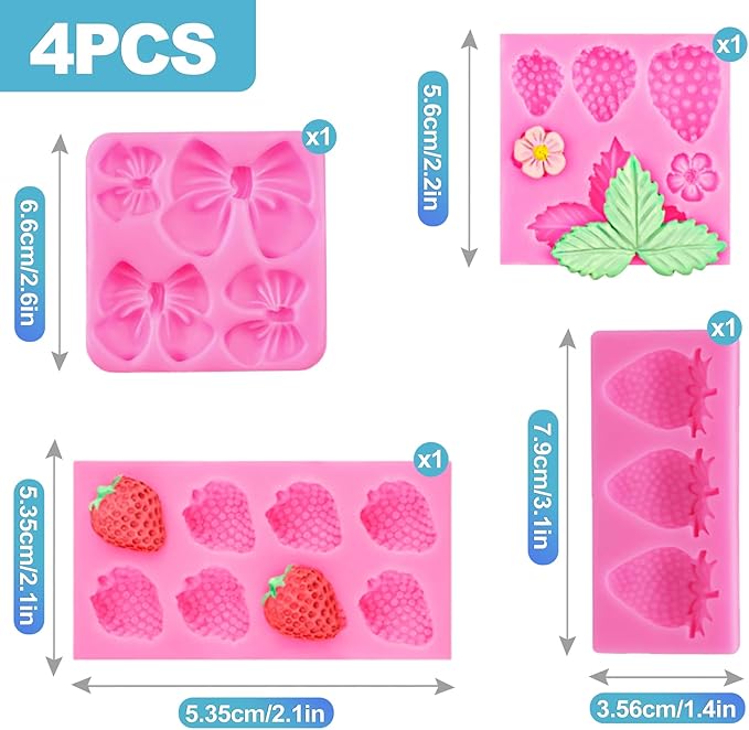 CoguZed 4 Pcs Strawberry and Bow Silicone Molds, Fruit and Leaf Fondant Mold for Chocolate, Candy Making, Cake Decorating and Clay Crafting