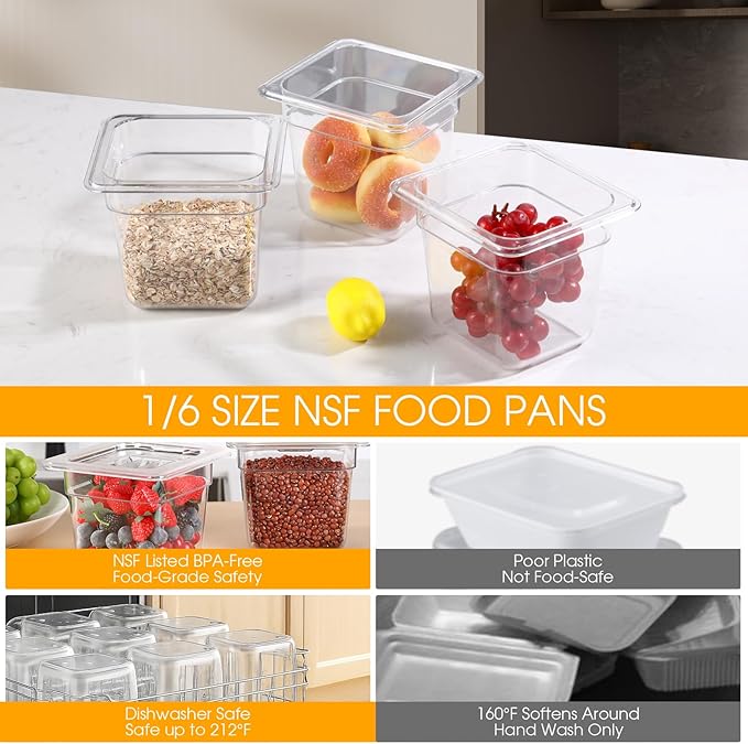 6 Pack 6'' Deep NSF Food Pans 1/6 Size | Commercial Food Storage Containers | Polycarbonate Plastic Pans for Restaurant | Commercial Grade for Food Prep | Clear