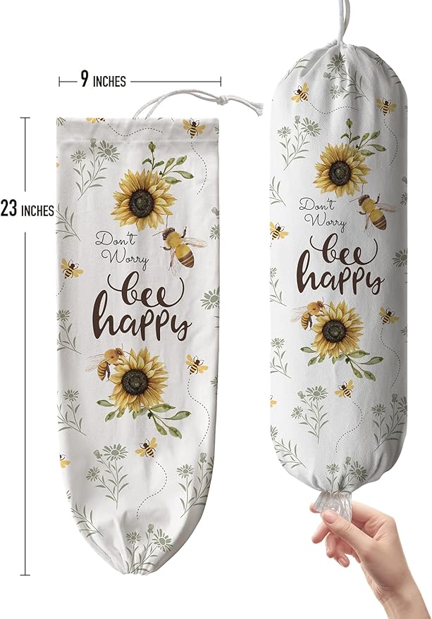 Hglian Kitchen Grocery Bag Holder,Bee Happy Plastic Bags Organizer Shopping Trash Bags Storage,Cute Bee Sunflower Farmhouse Home Décor