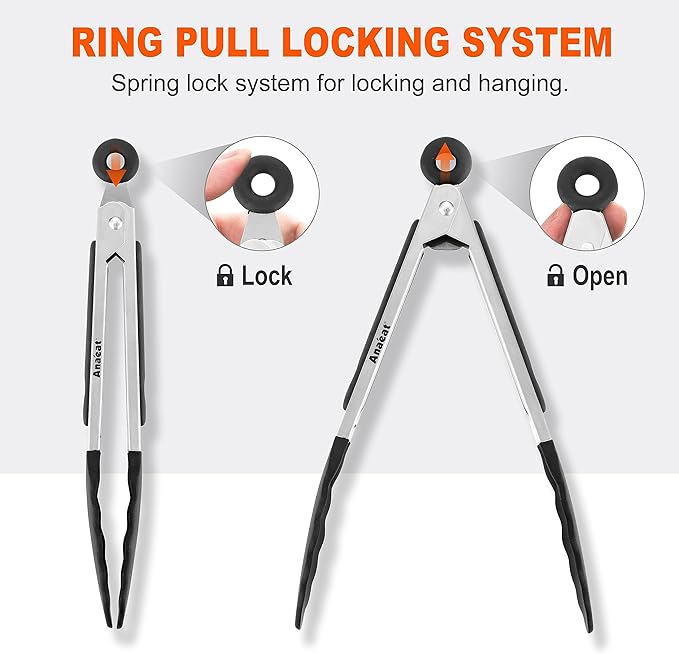 Anaeat Non-Stick Silicone Locking Tong Set of 3 - Stainless Steel 7, 9 and 12 inch Kitchen Food Tongs with Non-Slip Silicone Tips and Grip for Cooking, Baking and BBQ - Heavy Duty & Heat Resistant