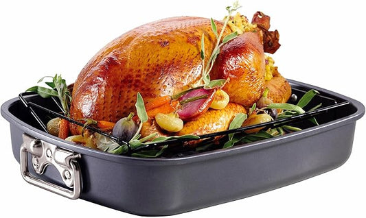 CHEFMADE Roasting Pan, 17-Inch Non-Stick Turkey Roaster Lasagna Pan with V Rack - Rectangular Deep Dish Chicken Roaster-BBQ Pan for Turkey 14.1" x 17.1" x 3.3"(Black)