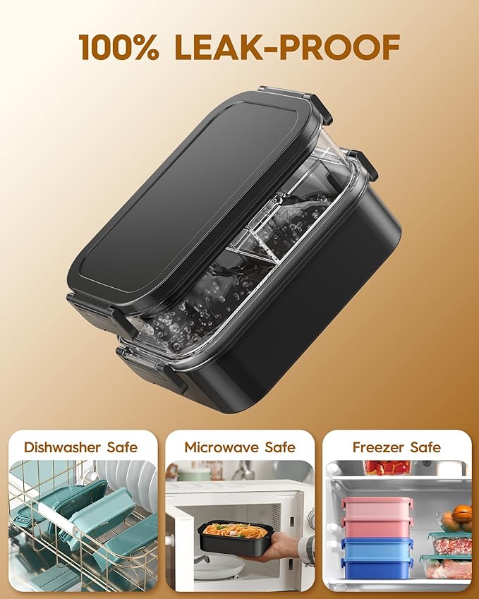 KEMETHY Adults Bento Lunch Box Set with Thermo Bag, 74oz Stackable Leak-proof 3-tiers Bento Box, Built-in Utensil and Sauce Container for Work, School, Dining Out (Black)