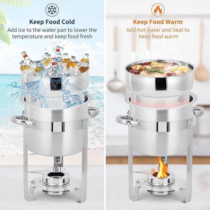 GarveeHome 11QT Soup Chafer Set of 4, Stainless Steel Round Soup Warmer with Pot, Notched Lids & Fuel Holders, Commercial Food Warmer for Buffets, Events and Party Service
