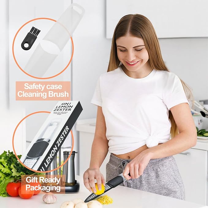 Lemon Zester Tool 4-in-1 with Channel Knife, Grater, Peeler & Stripper, Stainless Steel Citrus Zester for Kitchen, Cheese, Vegetables, Dishwasher Safe