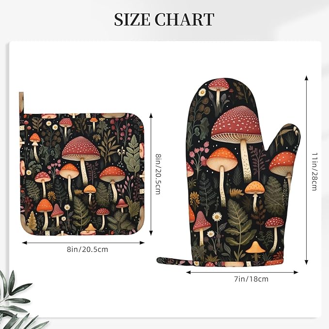 Oven Mitts and Pot Holders Mushroom Botanical Leaf Vintage Silicone Kitchen Accessories Set of 4 Heat Resistant Long Gloves Potholder Non-Slip Grip for Chef Cooking Baking Grilling BBQ
