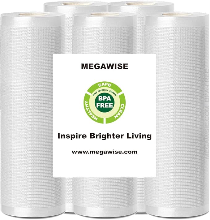 MegaWise 5 Rolls of Vacuum Sealer Machine Bags, 8 inch wide and 21.6 Feet Long for Megawise & other brand vacuum Perfect for Meal Prep and Sous Vide Cooking
