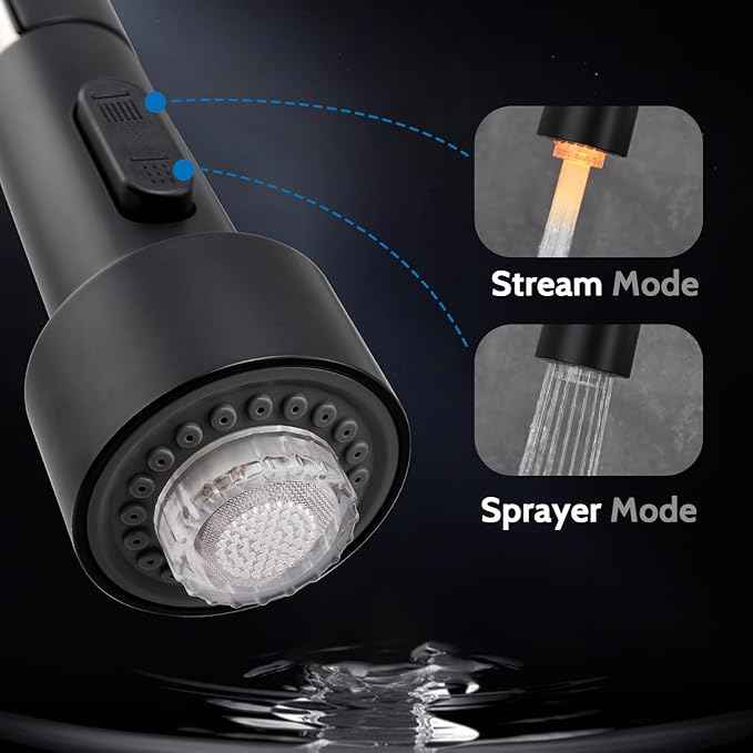 WEWE Kitchen Faucets with LED Light, Kitchen Faucet with Pull Down Sprayer Commercial Stainless Steel Single Handle Spring Farmhouse RV Sink Faucet, Matte Black