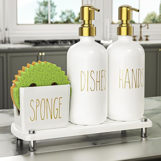 Cisily Kitchen Soap Dispenser Set Comes with Ceramics Sponge Holder, Gold Pumps, and Instant Dry Tray, Hand and Dish Soap Dispenser Set (4, Gold + White + Sponge Holder)