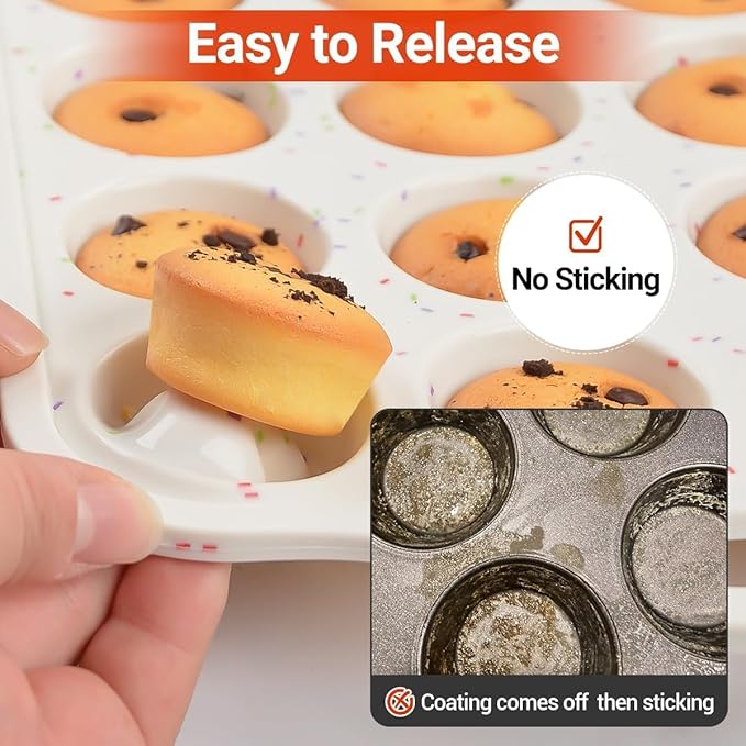 CAKETIME Mini Muffin Pan, Metal Reinforced Frame Mini Cupcake Pans 24 Cups Nonstick Muffin Silicone Molds with Handle for Baking Muffins, Cupcakes, Egg Bites 2 Pack