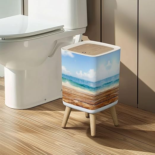 Small Trash Can with Lid Wooden table top blurred summer blue sea sky space for your display Wastebasket with Press Cover Dog Proof Garbage Can Waste Bin for Kitchen Bathroom Nursery 2.6 Gallon