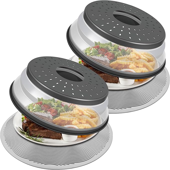 Pack 2, LekDrok Microwave Food Cover with Mat 12 Inch, Mat as Bowl Holder, Cover for Splatter Guard, Collapsible Lid for Plate, Multi-Use Silicone Mat & Kitchen Colander Gadget for Meal Prep, Charcoal