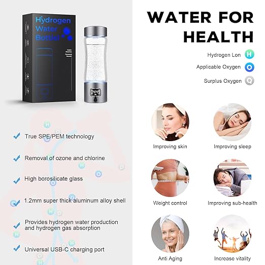 Hydrogen Water Bottle Generator with SPE/PEM Technology, 5000PPB,Portable Rechargeable Hydrogen Water Ionizer Machine for Home,Office, Gym,Travel -Gift for Holidays