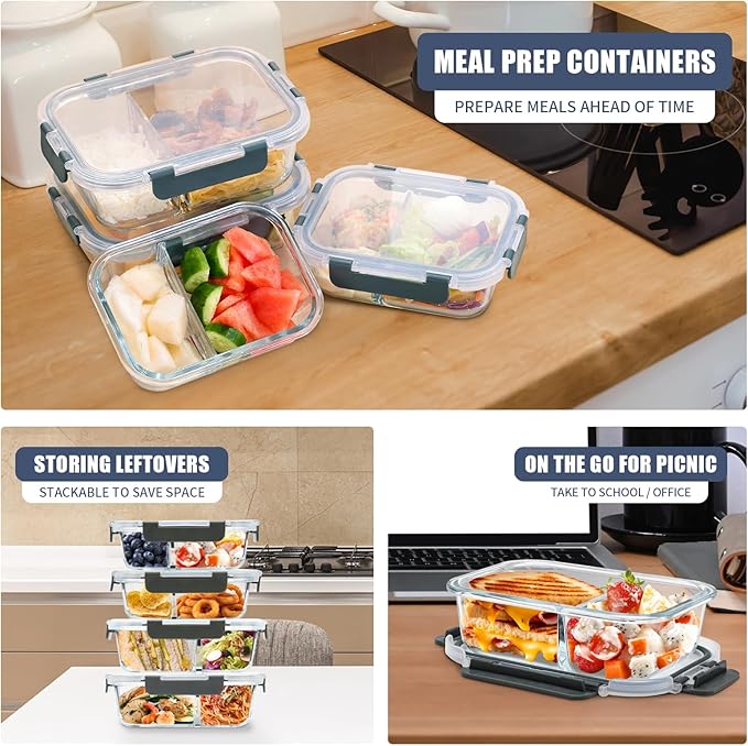 GULFLIN 2 & 3 Compartment Meal Prep Containers - Glass Food Storage Lunch Containers with Lids, Bento Box, Portion Control, Freezer to Microwave Safe