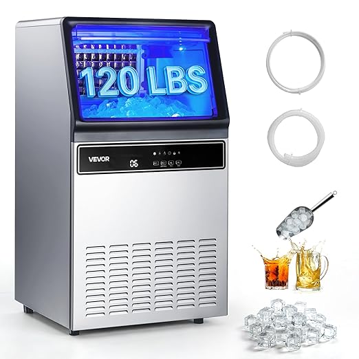 VEVOR Commercial Ice Maker Machine 120 lbs/24H, Under Counter Ice Maker with 33 lbs Storage Bin 45 Cubes in 8-10Mins, Stainless Steel &Freestanding Ice Machine with LED Display for Home Bar Cafe