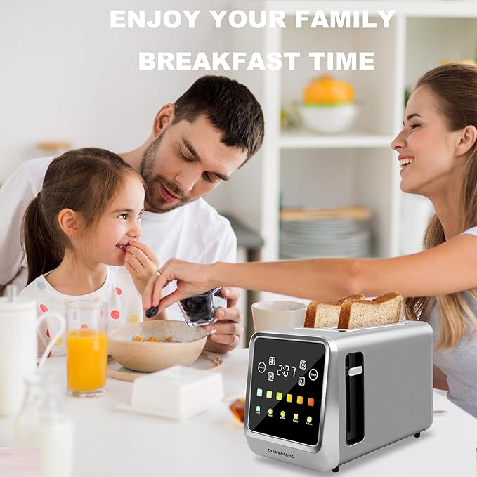 Touch Screen Toaster 2 Slice, Bagel Toasters with LCD Display, Stainless Steel Smart Digital Toasters with Single Slot Toasting,Extra Wide Slots Toaster with Memory/Bagel/Defrost/Reheat Functions