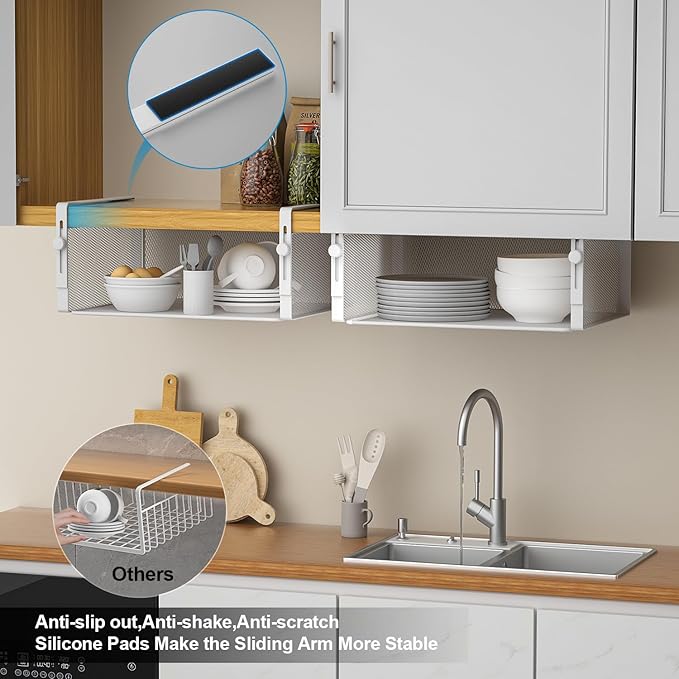 AmonHouseware 2Pack Under Shelf Basket Organizer,Adjustable Hanging Holder for Cabinet Pantry Kitchen Cupboard Desk Counter Bookshelf Organization Add-on Space Saver Heavy Duty Slide-in (White, Large)
