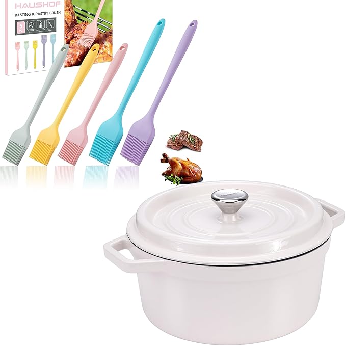 HAUSHOF Silicone Basting Pastry Brush, Heat Resistant Pastry Brush Set HAUSHOF 5.3QT Enameled Cast Iron Dutch Oven with Lid, Non-Stick Pot for Baking, Stewing, Rosting, White