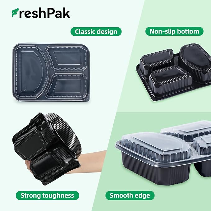 Food Containers Reusable 40 Pack 38oz - Shrink Wrap Leakproof | Portion Control Leftover Plastic Container with Lid | BPA Free Freezer & Microwave Safe Meal Prep | 3 Compartment Takeout Boxes
