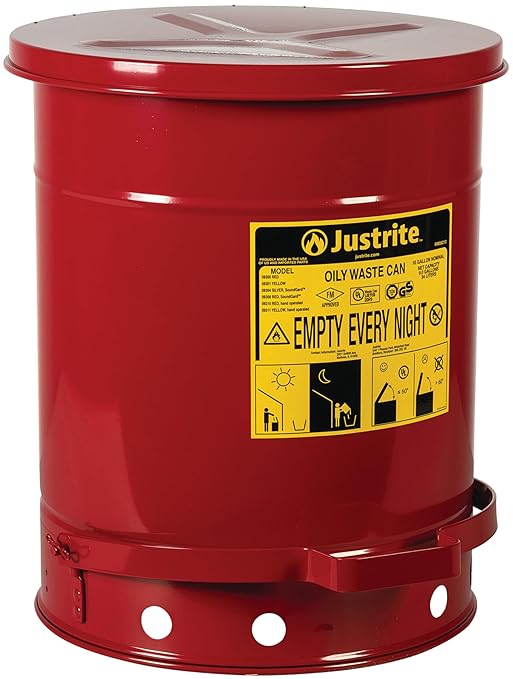 Justrite 10 Gallon Galvanized Steel Oily Waste Can, 18" x 14" Metal Oil Rag Safety Can with Quiet Foot Operated Self-Closing Lid for Oil Rag Disposal, Made in The USA, Red, 09308