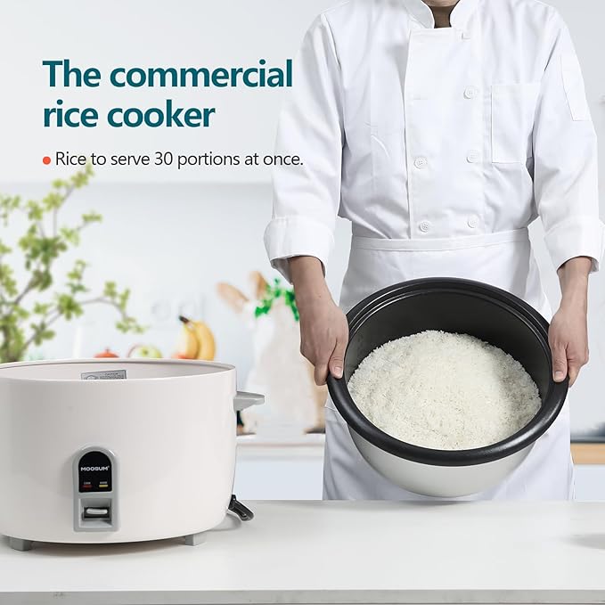 Commercial Rice Cooker, Large Capacity 30-Cup (UnCooked), 60-Cup (Cooked) with One Touch Operation and 12-Hour Keep Warm, Easy to Use and clean, 1600W, White