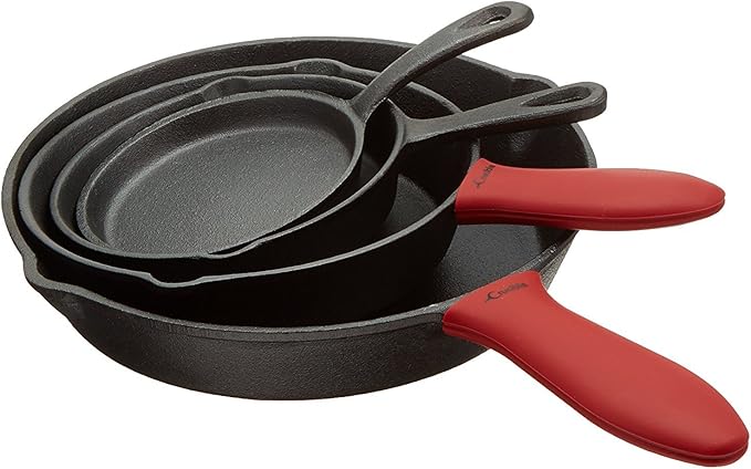 Crucible Cookware Cast Iron Skillets, Set Of 4 (Pre-seasoned) 10 Inch - 5.1 Inch, Including Large & Small Silicone Hot Handle Holders | Indoor & Outdoor Use