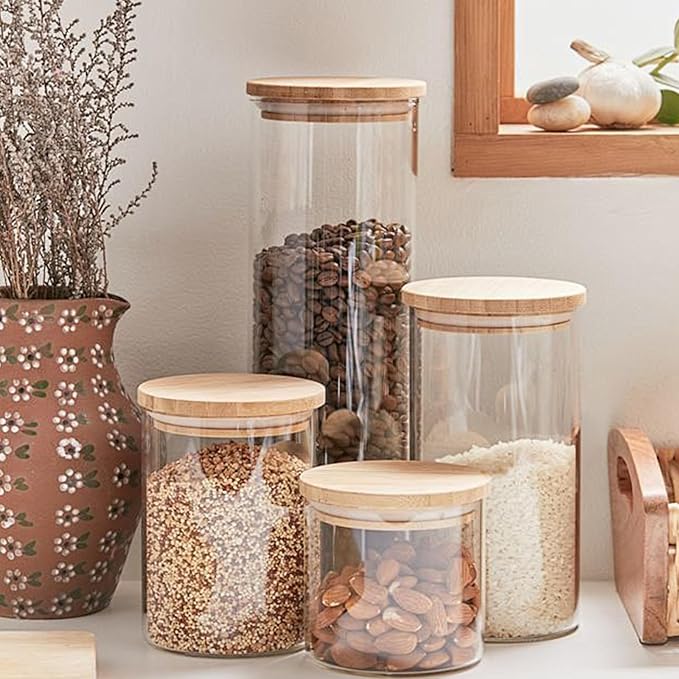 SHOWIN Glass Food Storage Jars, Glass Jars with Bamboo Lids, Kitchen Storage Jars, Canisters with Airtight Lids for Spice, Coffee, Cookie, Set of 5, Pantry Organizers
