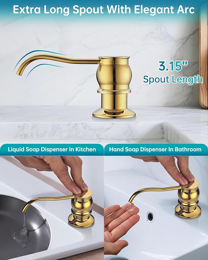 Built in Deck Mount Liquid Lotion Kitchen Countertop Metal Soap Dispenser, Gold Brass Dispenser Pump with 500ml (17oz) High Capacity Bottle