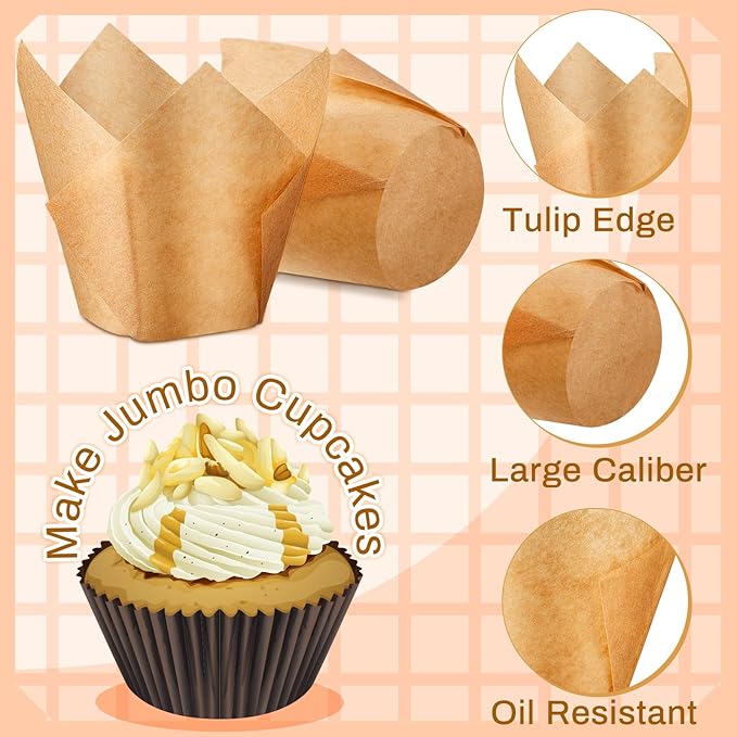 Motiskyy 600 Pcs Jumbo Muffin Liners for Baking 2-1/4" x 4" Large Tulip Cupcake Liners Greaseproof Cupcake Wrapper Paper for Weddings Birthday Christmas Anniversaries Party (Light Brown)