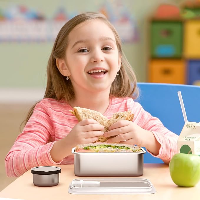 Bakpoco Stainless Steel Bento Lunch Box for Kids, 33oz Leak-Proof Lunch Box Containers, Microwave-Safe, with Adjustable Divider, Convenient Metal Lunchbox for School, Travel