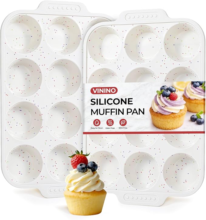 Vinino 2-Pack Silicone Muffin Pan for Baking with Metal Reinforced Frame, 12 Cups Regular Size Silicone Cupcake Pan with Non-Slip Handle, Nonstick Muffin Tray for Oven, BPA Free, Dishwasher Safe