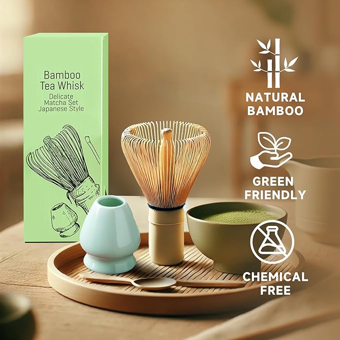 Matcha whisk set - 4pcs - Includes Bamboo Matcha whisk, scoop,spoon,Matcha Whisk Holder. Essential matcha whisk set for a traditional tea ceremony and daily use