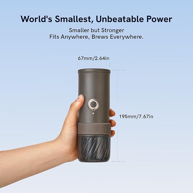 OutIn Mino Portable Electric Espresso Machine, Mini Camping Coffee Maker for Travel, Pocket Sized Coffee Machine Self-Heating, Ground Coffee & NS Capsule Adapter For Adventure