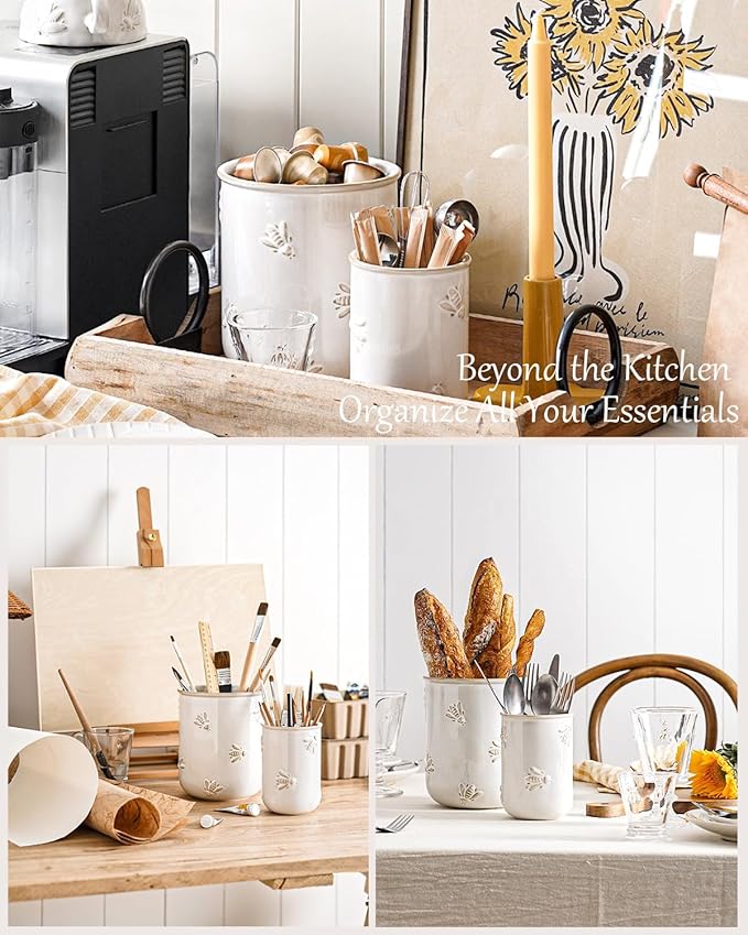 LE TAUCI Utensil Holder for Kitchen Counter - 6.9"+5.3" Ceramic Kitchen Utensil Holder Set of 2, Large Cooking Utensil Crock & Organizer for Spatula, Spoon - Embossed Kitchen Decor, White,Bee
