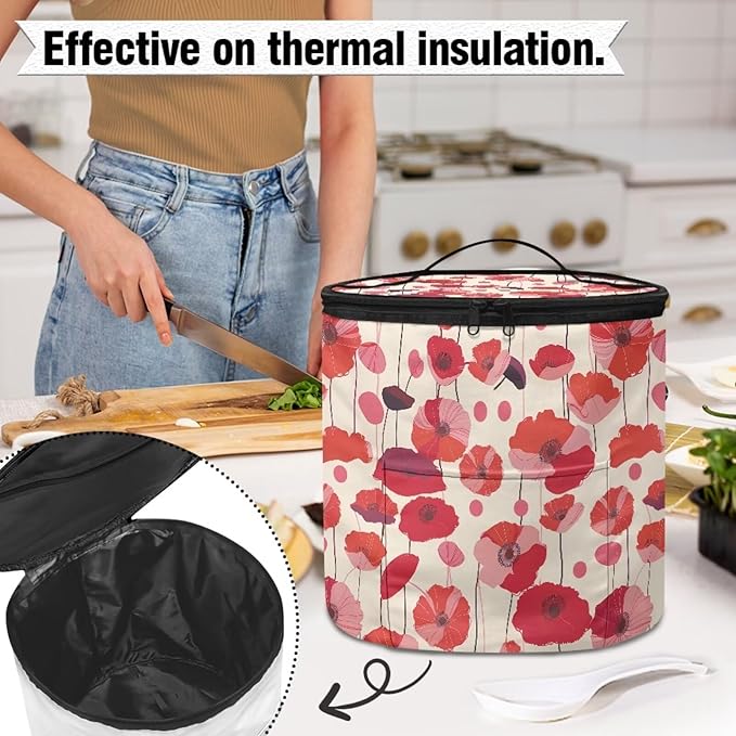 Red Flower Electric Pressure Cooker Insulation Bag Stain Resistant Reusable Electric Pressure Cooker Bag with Top Padding Handle
